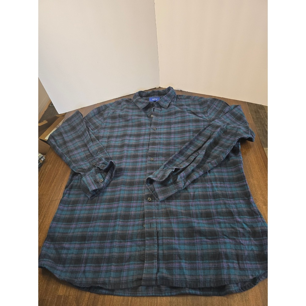 Apt 9 Mens XL Slim Fit Soft Touch Flannel Shirt Plaid Teal Purple Black Cotton